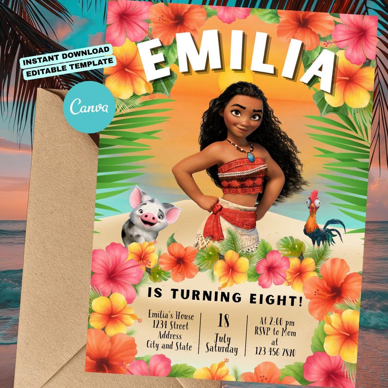 May include: A colorful birthday invitation featuring the name "EMILIA" above a cartoon character. The invitation includes the text "IS TURNING EIGHT!" and event details. Floral and tropical elements frame the design, with the Canva logo in the corner.