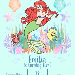 May include: A birthday invitation featuring a cartoon mermaid with red hair and a green tail. The invitation includes the text "Emilia is turning five!" and event details, with a light blue background and sea-themed decorations.