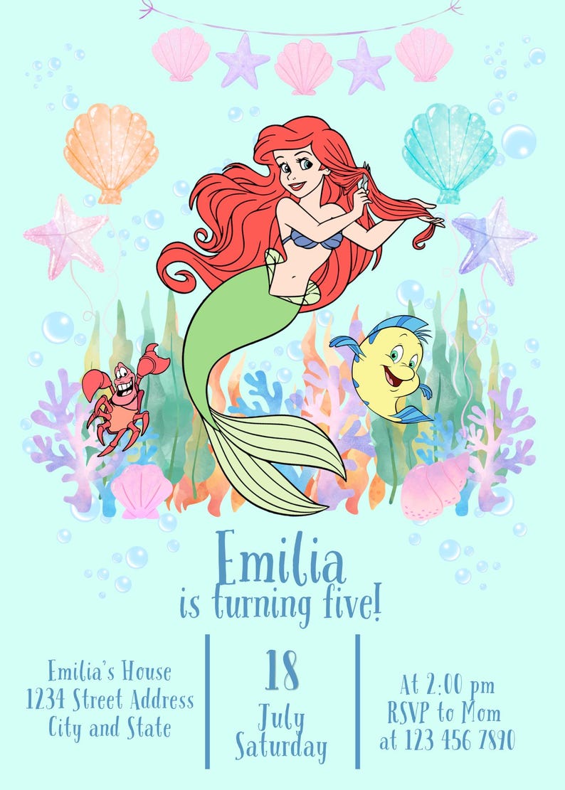 May include: A birthday invitation featuring a cartoon mermaid with red hair and a green tail. The invitation includes the text "Emilia is turning five!" and event details, with a light blue background and sea-themed decorations.
