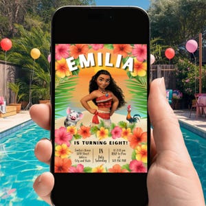 May include: A smartphone displays a colorful birthday invitation featuring a cartoon character, flowers, and the name "EMILIA." The invitation includes details like the date, time, and RSVP information. The phone is held by a person near a pool.