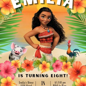 May include: A colorful invitation featuring the character Emilia from the animated movie, surrounded by tropical flowers. The text "EMILIA" is at the top, with "IS TURNING EIGHT!" below. Includes event details: date, time, and RSVP information.