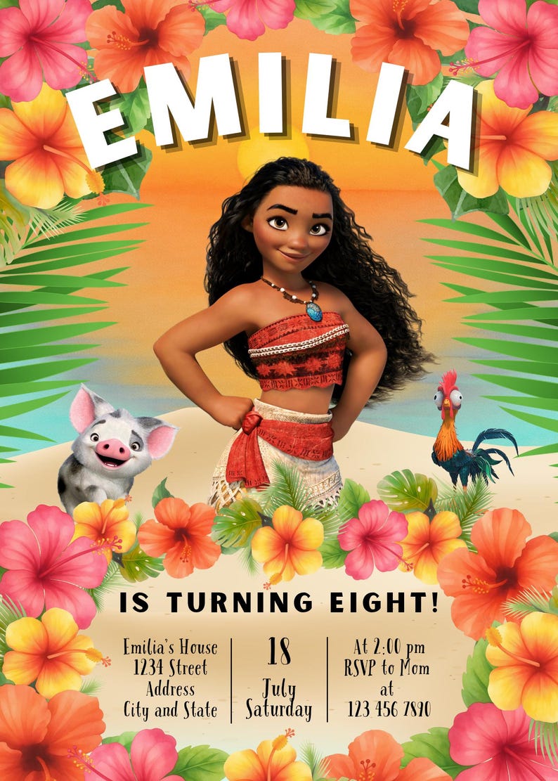 May include: A colorful invitation featuring the character Emilia from the animated movie, surrounded by tropical flowers. The text "EMILIA" is at the top, with "IS TURNING EIGHT!" below. Includes event details: date, time, and RSVP information.