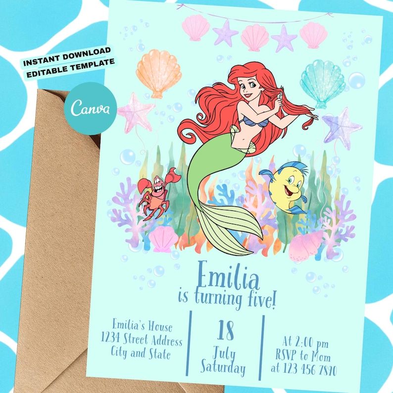 May include: A light blue birthday invitation featuring Ariel from The Little Mermaid. The invitation includes the text "Emilia is turning five!" and event details. Decorative elements include seashells, starfish, and bubbles. The Canva logo is visible.
