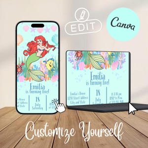 May include: A digital invitation design featuring a mermaid theme. The design is displayed on a smartphone and a laptop, showcasing the invitation's layout. The invitation reads "Emilia is turning five!" with event details.