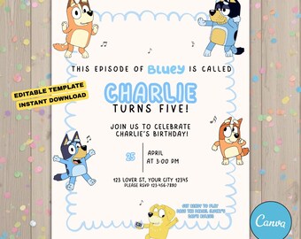 Convite de aniversário da Bluey | Modelo editável do Canva | Download instantâneo
