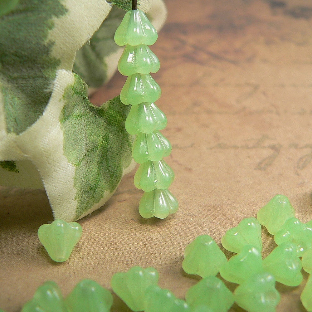 Jade Czech Glass Baby Bell Flower Beads Milky Green Opal 4x6mm (25)