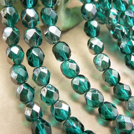 50 Emerald-Celsian Czech Firepolished Faceted Round Glass Beads 4mm