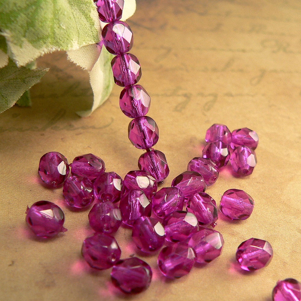 Orchid Czech Glass Beads Pink Purple Round Firepolished 6mm (25)