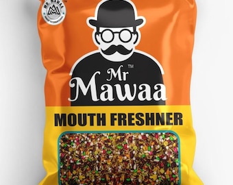 May include: Orange and yellow bag of Mr. Mawaa Mouth Freshner. The bag features a cartoon illustration of a man with a mustache, glasses, and a bowler hat. The bottom of the bag has the text "Punjabi Mukhwas". The bag contains a mix of colorful ingredients.