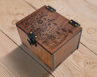 Handmade Walnut Wood Box with Clasp: Wildflower Theme, Keepsakes, Recipes or Card Storage