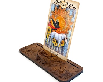 Tarot Card Holder, Daily Card Reading, Luna Moth Theme, Rectangular Walnut Wood