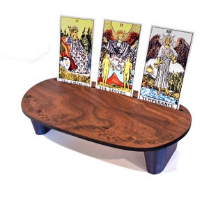 Walnut Tarot Card Stand: Celestial Altar Table with Engravings