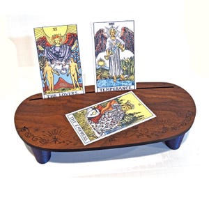 Walnut Tarot Card Stand: Celestial Altar Table with Engravings