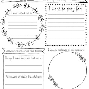 May include: A printable prayer page with a black and white design. The page includes sections for thanking God, praying for others, meditating on scripture, trusting God, and remembering God's faithfulness. The page also includes the text "BE STILL BEFORE THE LORD and wait patiently on Him Ps. 37:7" and "Bible Literacy for parents and kids".