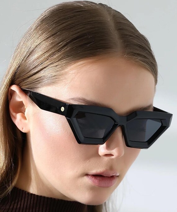 Vintage 90s Rectangle Sunglasses Thin Frame Y2K Shades Amazon.com: Allarallvr Rectangle Cat Eye Thin Sunglasses for  main image 4