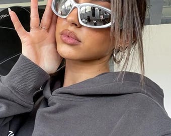 Silver Mirror Sunglasses | Futuristic Y2K Sporty Shades | Trendy Street Style Sunglasses | Reflective Eyewear