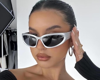 Futuristische Sport-Sonnenbrille, weißer Rahmen, dunkle Gläser, Y2K UV400 Shades