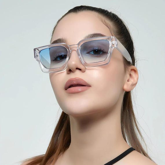 Clear Frame Blue Lens Square Sunglasses: Modern Stylish  display picture 2