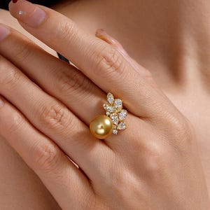Natürliche Goldene Südsee Perle Ring | Große ausgefallene goldene Perle | S925 Silber verstellbares Band | Exquisite Trauringe | Geschenk für sie