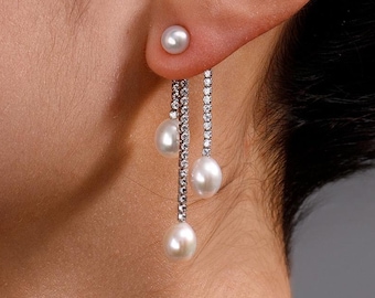 Natural Pearl Chandelier Tassel Earrings | Freshwater Aurora Oval Rice Pearls | Dangling Pearl Earrings | Wedding/Bridesmaid Gift for Her