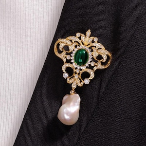 Statement Knight&#39;s Medal Baroque Pearl Brooch | Natural Extra Large Baroque Pearl with Green Crystal | Anniversary Gift | Gift For Her
