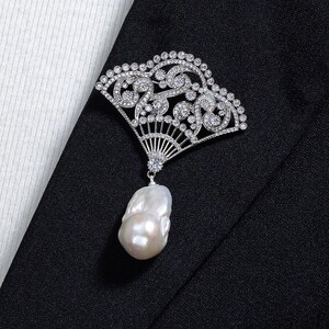 Elegant Extra Large Natural Baroque Pearl Brooch | Vintage Style Court Fan Design | Handmade Statement | Luxury Bridal Pearl Brooch