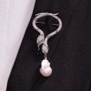 18K Gold Plated Ouroboros Snake Brooch | Extra Large Natural Freshwater Baroque Pearl | Vintage Style Pin | Gift for Birthday & Anniversary
