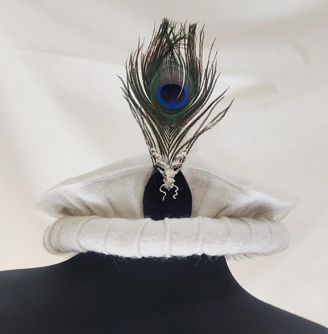 White Pakol Cap With Feather and Markhor Badge Handmade Afghani Hat ...