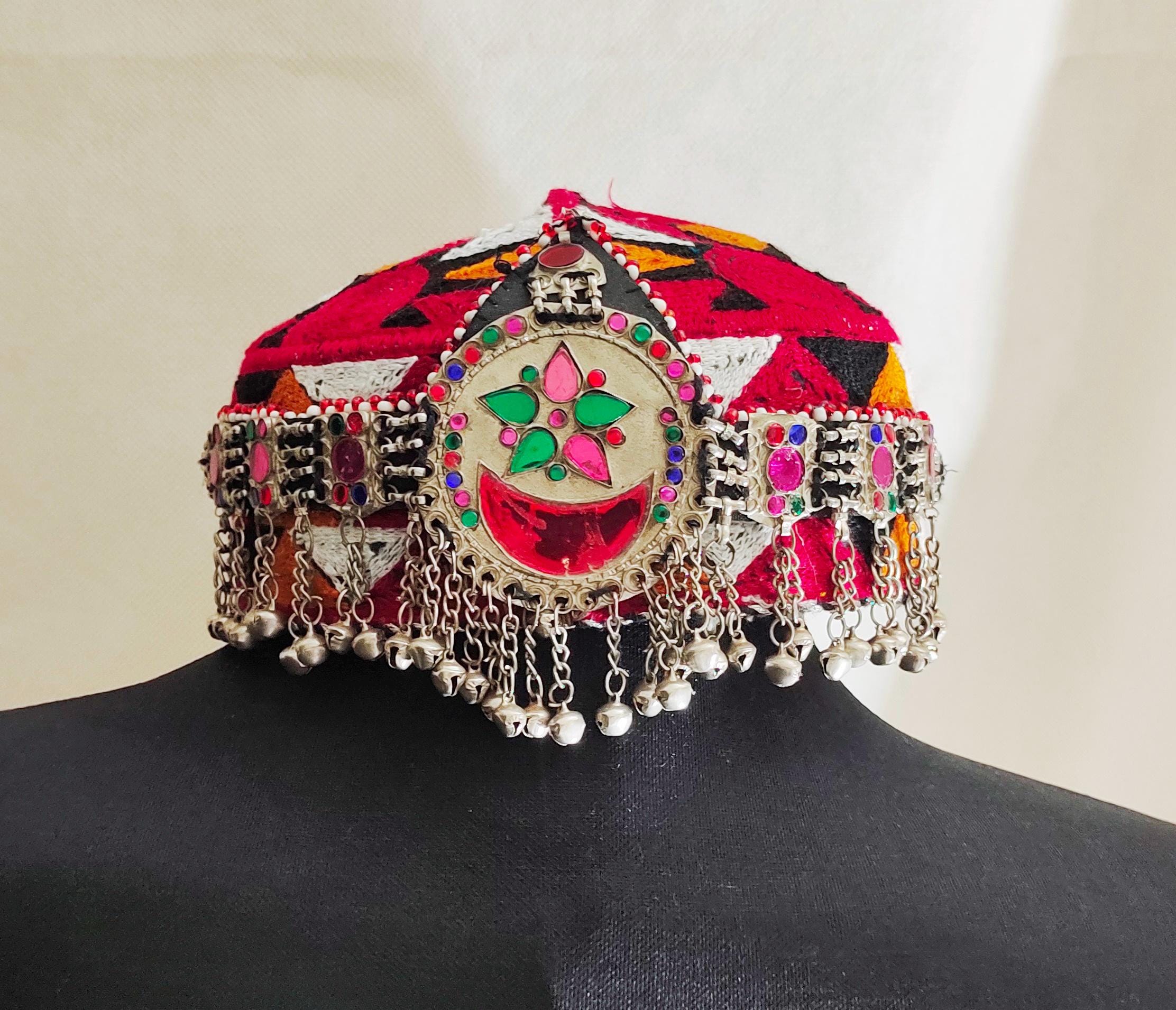 Halima Sultan Afghan Cap: Mathapatti Headpiece, Red Haleema Turkey Jewelry