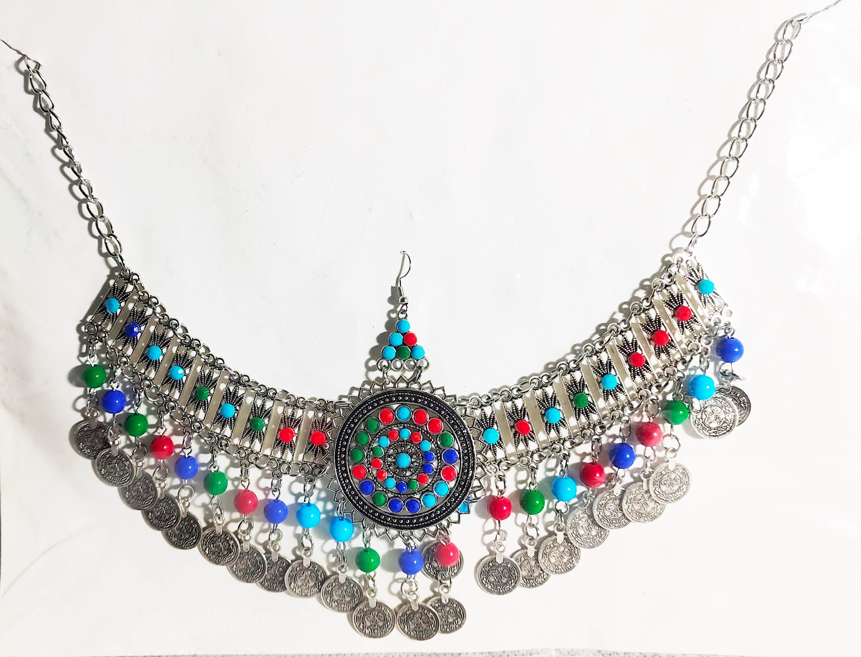 Silver Matha Patti, Traditional Matha Patti With Multicolor Glass Stone and Bell Silver Mathapatti main image 2