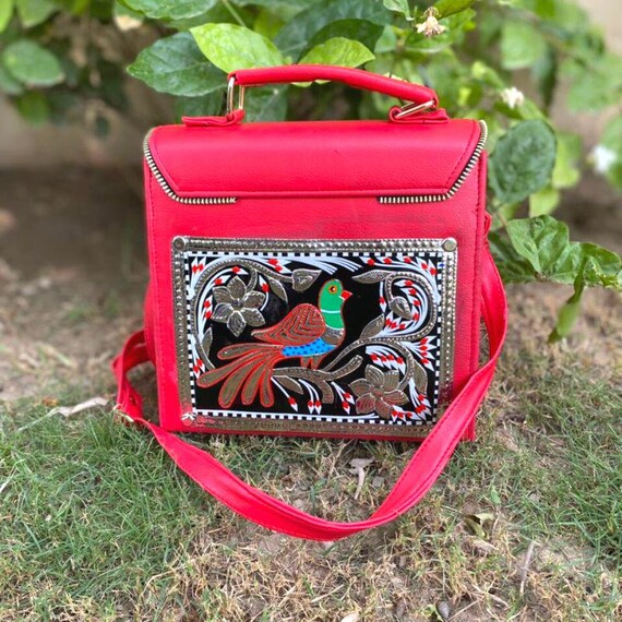 Red Personalized Vegan Leather Handbag: Metal Art Crossbody