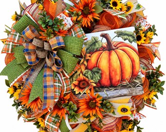 Pumpkin Sunflower Wreath: Farmhouse Fall Home Decor