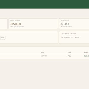 May include: Screenshot of a dashboard interface with a green header and white background. The dashboard displays financial data, including sales, orders, and expenses. The interface includes navigation options and recent activity.