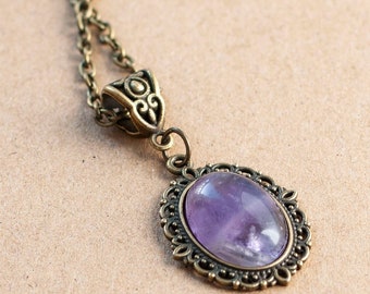 Gothic Necklace with Amethyst pendant-Victorian Cameo necklace with Antique Bronze chain-Vintage inspired jewelry