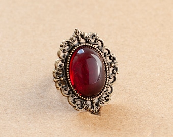 Dark Red Gothic Ring in Antique Bronze Setting-Victorian Jewelry-Oval Filigree Ring-Romantic Accessories-Vintage Inspired Gift