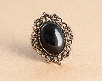 Black Agate Antique Silver/Bronze Ring-Gothic Victorian Jewelry-Oval Filigree Ring-Romantic Accessories-Vintage Inspired Gift