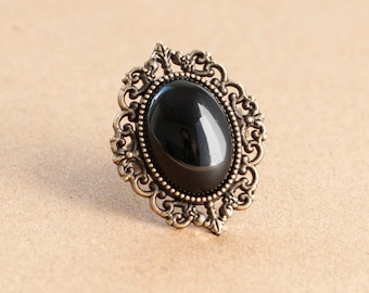 Black Agate Antique Silver/Bronze Ring - Gothic Victorian Jewelry-Vintage Inspired Gift
