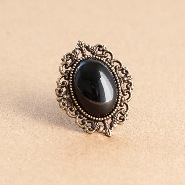 Black Agate Antique Silver/Bronze Ring-Gothic Victorian Jewelry-Oval Filigree Ring-Romantic Accessories-Vintage Inspired Gift