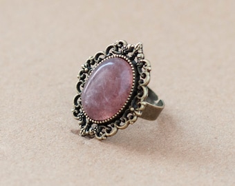 Strawberry Quartz Gemstone Ring - Gothic Victorian Oval Bronze Filigree Ring-Romantic Accessories