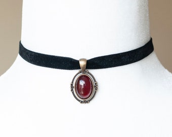 Black Velvet Choker with Dark Red pendant-Victorian Gothic Cameo necklace-Vintage inspired jewelry