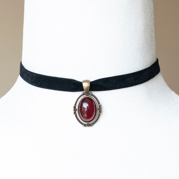 Black Velvet Choker with Dark Red pendant-Victorian Gothic Cameo necklace-Vintage inspired jewelry