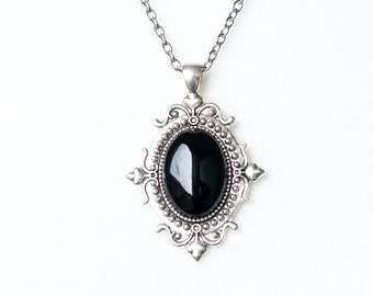 Gothic Necklace with Black Onyx Pendant - Victorian Elegance in Antique Silver