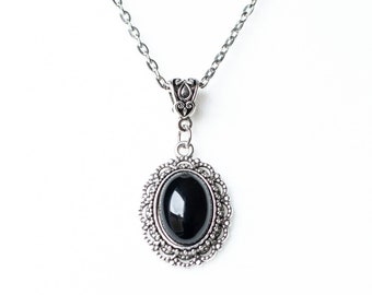 Gothic Necklace with Black Agate pendant-Victorian Cameo necklace with Antique Silver chain-Vintage inspired jewelry