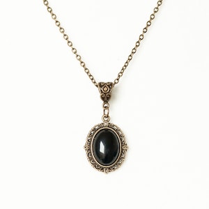 Gothic Victorian necklace with Black Agate filigree pendant and Antique bronze chain