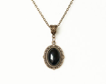 Gothic Cameo necklace with Black Agate filigree pendant and Antique bronze chain-Vintage inspired jewelry