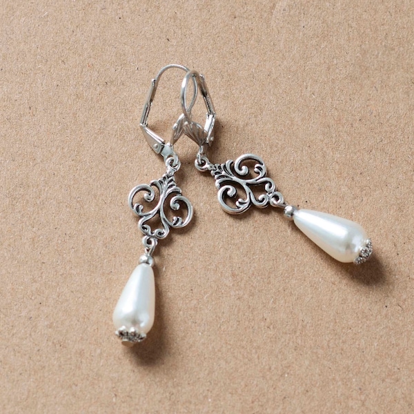 Pearl Dangle earrings with Silver or Bronze filigree-Romantic Victorian Jewelry-Bridal Drop Earrings-Antique Inspired Wedding Accessories