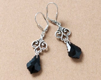 Gothic Black Crystal earrings with Antique Silver filigree-Victorian Dangle Earrings-Victorian Jewelry-Vintage style Drop Earrings