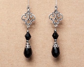 Gothic Dangle Earrings with Silver Filigree - Victorian Style Crystal Bead Earrings