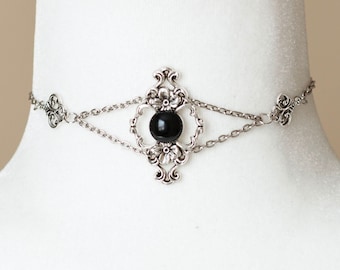 Gothic Choker with Black Agate Filigree Pendant and Chains-Antique Silver Chain Statement Choker
