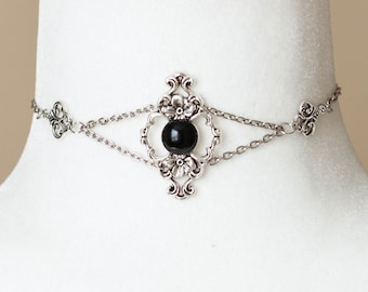 Gothic Choker with Black Agate Filigree Pendant and Chains-Victorian Necklace-Vintage inspired Jewelry